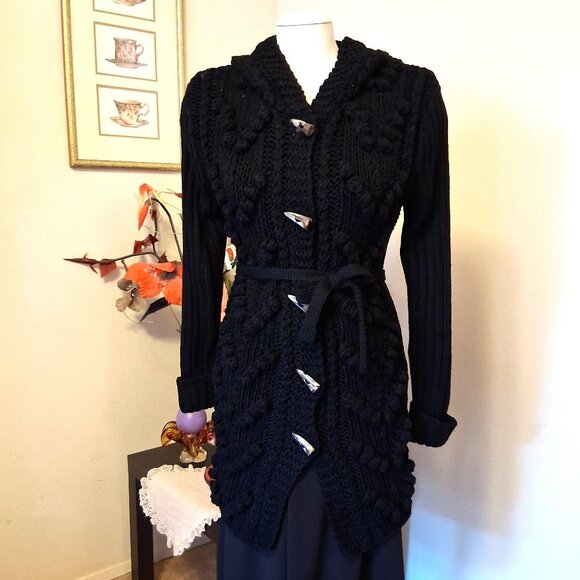NWT Woman's Black Hooded Cardigan Coat Knit Lightweight Warm & Elegant Outerwear - Picture 1 of 10